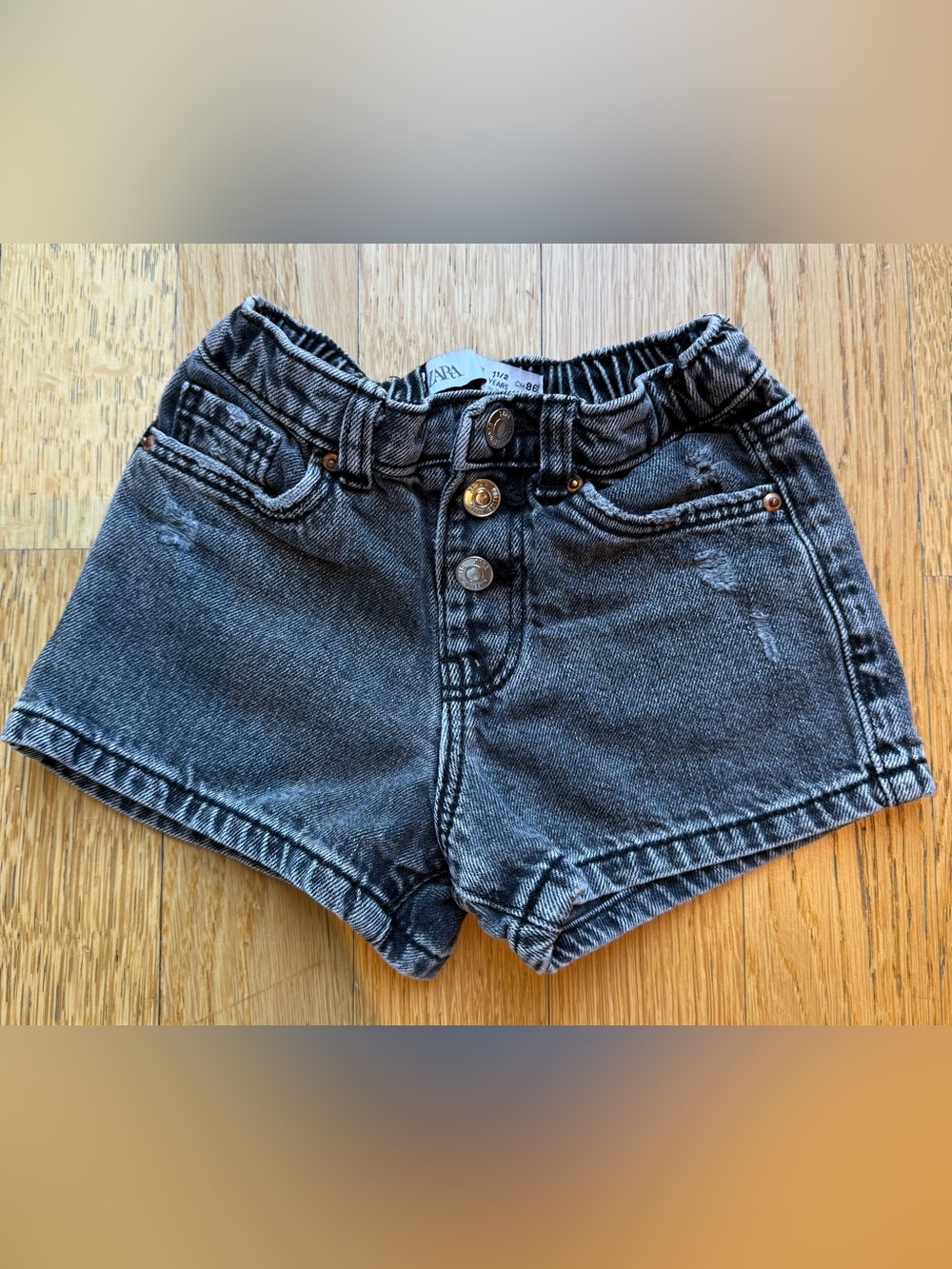 Zara Black Washed Denim Shorts with Triple Buttons